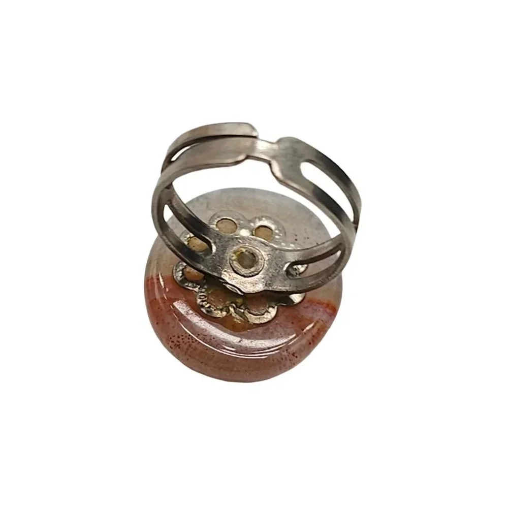 Red Banded Calcite Pork Stone Sphere Ring Size 6 Silver Tone Vintage